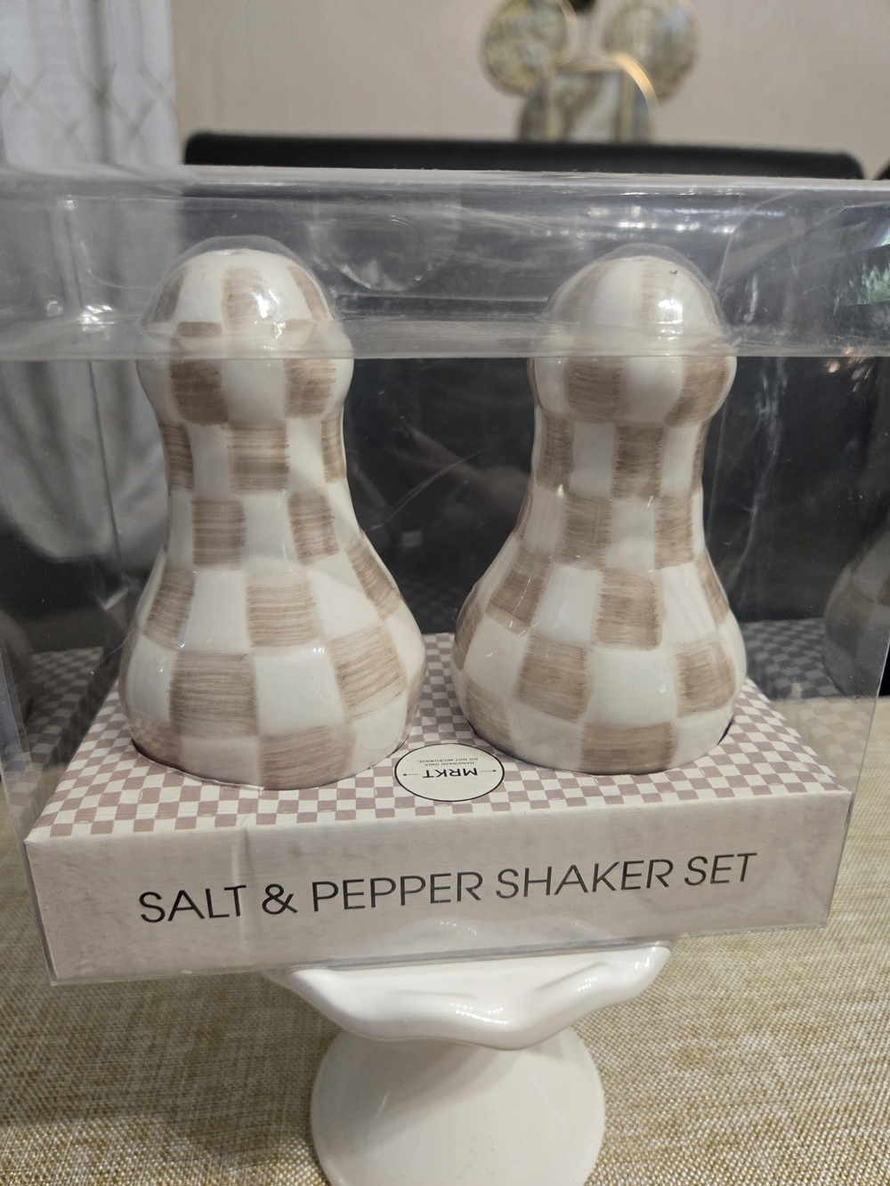 MIRKT Beige Check Ceramic Salt & Pepper Shaker Set